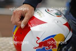 Jean-Eric Vergne (FRA) Scuderia Toro Rosso with a helmet paying homage to Francois Cevert (FRA). 22.05.2013. Formula 1 World Championship, Rd 6, Monaco Grand Prix, Monte Carlo, Monaco, Preparation Day.