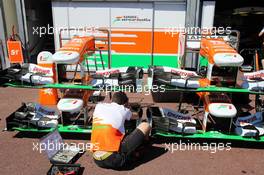 Sahara Force India F1 VJM06 nosecones prepared by a mechanic. 22.05.2013. Formula 1 World Championship, Rd 6, Monaco Grand Prix, Monte Carlo, Monaco, Preparation Day.