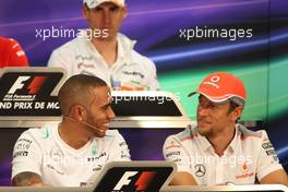 (L to R): Lewis Hamilton (GBR) Mercedes AMG F1 with Jenson Button (GBR) McLaren in the FIA Press Conference. 22.05.2013. Formula 1 World Championship, Rd 6, Monaco Grand Prix, Monte Carlo, Monaco, Preparation Day.