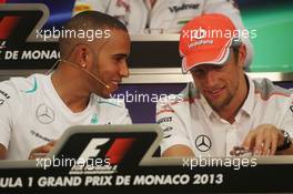 (L to R): Lewis Hamilton (GBR) Mercedes AMG F1 and Jenson Button (GBR) McLaren in the FIA Press Conference. 22.05.2013. Formula 1 World Championship, Rd 6, Monaco Grand Prix, Monte Carlo, Monaco, Preparation Day.