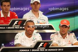 (L to R): Lewis Hamilton (GBR) Mercedes AMG F1 with Jenson Button (GBR) McLaren in the FIA Press Conference. 22.05.2013. Formula 1 World Championship, Rd 6, Monaco Grand Prix, Monte Carlo, Monaco, Preparation Day.