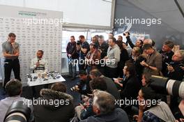 Lewis Hamilton (GBR) Mercedes AMG F1 with the media. 04.02.2013. Mercedes AMG F1 W04 Launch, Jerez, Spain.