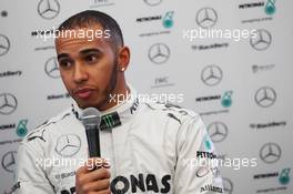 Lewis Hamilton (GBR) Mercedes AMG F1 with the media. 04.02.2013. Mercedes AMG F1 W04 Launch, Jerez, Spain.