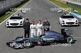 (L to R): Toto Wolff (GER) Mercedes AMG F1 Shareholder and Executive Director; Lewis Hamilton (GBR) Mercedes AMG F1 and team mate Nico Rosberg (GER) Mercedes AMG F1; Ross Brawn (GBR) Mercedes AMG F1 Team Principal; with the new Mercedes AMG F1 W04. 04.02.2013. Mercedes AMG F1 W04 Launch, Jerez, Spain.