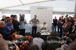 Lewis Hamilton (GBR) Mercedes AMG F1 with the media. 04.02.2013. Mercedes AMG F1 W04 Launch, Jerez, Spain.