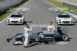 (L to R): Lewis Hamilton (GBR) Mercedes AMG F1 and team mate Nico Rosberg (GER) Mercedes AMG F1 with the new Mercedes AMG F1 W04 and promote new Blackberry sponsorship for the team. 04.02.2013. Mercedes AMG F1 W04 Launch, Jerez, Spain.