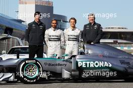 The new Mercedes AMG F1 W04 is unveiled (L to R): Toto Wolff (GER) Mercedes AMG F1 Shareholder and Executive Director; Lewis Hamilton (GBR) Mercedes AMG F1; Nico Rosberg (GER) Mercedes AMG F1; Ross Brawn (GBR) Mercedes AMG F1 Team Principal. 04.02.2013. Mercedes AMG F1 W04 Launch, Jerez, Spain.