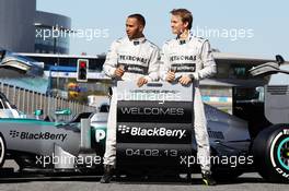 Lewis Hamilton (GBR) Mercedes AMG F1 and team mate with the new Mercedes AMG F1 W04 promote new sponsors Blackberry. 04.02.2013. Mercedes AMG F1 W04 Launch, Jerez, Spain.