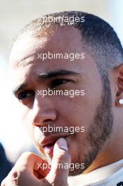 Lewis Hamilton (GBR) Mercedes AMG F1 with the media. 04.02.2013. Mercedes AMG F1 W04 Launch, Jerez, Spain.