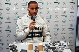 Lewis Hamilton (GBR) Mercedes AMG F1 with the media. 04.02.2013. Mercedes AMG F1 W04 Launch, Jerez, Spain.