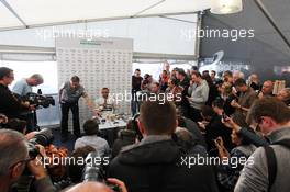 Lewis Hamilton (GBR) Mercedes AMG F1 with the media. 04.02.2013. Mercedes AMG F1 W04 Launch, Jerez, Spain.