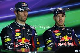 The post race FIA Press Conference (L to R): Mark Webber (AUS) Red Bull Racing, second; Sebastian Vettel (GER) Red Bull Racing, race winner. 24.03.2013. Formula 1 World Championship, Rd 2, Malaysian Grand Prix, Sepang, Malaysia, Sunday.