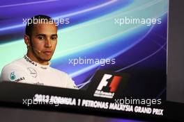Third placed Lewis Hamilton (GBR) Mercedes AMG F1 in the FIA Press Conference. 24.03.2013. Formula 1 World Championship, Rd 2, Malaysian Grand Prix, Sepang, Malaysia, Sunday.