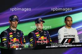 The post race FIA Press Conference (L to R): Mark Webber (AUS) Red Bull Racing, second; Sebastian Vettel (GER) Red Bull Racing, race winner; Lewis Hamilton (GBR) Mercedes AMG F1, third. 24.03.2013. Formula 1 World Championship, Rd 2, Malaysian Grand Prix, Sepang, Malaysia, Sunday.