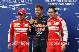 The top three qualifiers in Parc Ferme (L to R): Felipe Massa (BRA) Ferrari, second; Sebastian Vettel (GER) Red Bull Racing, pole position; Fernando Alonso (ESP) Ferrari, third. 23.03.2013. Formula 1 World Championship, Rd 2, Malaysian Grand Prix, Sepang, Malaysia, Saturday.