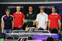 Rookie drivers at the FIA Press Conference (L to R): Valtteri Bottas (FIN) Williams; Max Chilton (GBR) Marussia F1 Team; Giedo van der Garde (NLD) Caterham F1 Team; Esteban Gutierrez (MEX) Sauber; Jules Bianchi (FRA) Marussia F1 Team. 21.03.2013. Formula 1 World Championship, Rd 2, Malaysian Grand Prix, Sepang, Malaysia, Thursday.