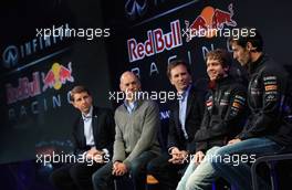 (L to R): Simon Sproule, Infiniti Corporate Vice-President Global Marketing; Adrian Newey (GBR) Red Bull Racing Chief Technical Officer; Christian Horner (GBR) Red Bull Racing Team Principal; Sebastian Vettel (GER) Red Bull Racing; Mark Webber (AUS) Red Bull Racing. 03.02.2013. Red Bull Racing RB9 Launch, Milton Keynes, England.