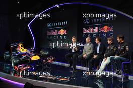 (L to R): Simon Sproule, Infiniti Corporate Vice-President Global Marketing; Adrian Newey (GBR) Red Bull Racing Chief Technical Officer; Christian Horner (GBR) Red Bull Racing Team Principal; Sebastian Vettel (GER) Red Bull Racing; Mark Webber (AUS) Red Bull Racing. 03.02.2013. Red Bull Racing RB9 Launch, Milton Keynes, England.