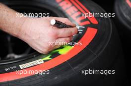 Pirelli tyres marked up. 19.09.2013. Formula 1 World Championship, Rd 13, Singapore Grand Prix, Singapore, Singapore, Preparation Day.