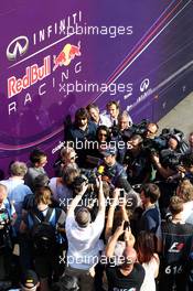 Daniel Ricciardo (AUS) Red Bull Racing Test Driver with the media. 18.07.2013. Formula One Young Drivers Test, Day 2, Silverstone, England.