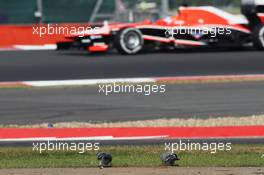 Tio Ellinas (CYP) Marussia F1 Team MR02 Test Driver approaches pigeons feeding by the side of the circuit. 17.07.2013. Formula One Young Drivers Test, Day 1, Silverstone, England.
