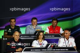 The FIA Press Conference (From back row(L to R): Cyril Abiteboul (FRA) Caterham F1 Team Principal; Paul Hembery (GBR) Pirelli Motorsport Director; Graeme Lowdon (GBR) Marussia F1 Team Chief Executive Officer; Franz Tost (AUT) Scuderia Toro Rosso Team Principal; Claire Williams (GBR) Williams Deputy Team Principal; Martin Whitmarsh (GBR) McLaren Chief Executive Officer. 01.11.2013. Formula 1 World Championship, Rd 17, Abu Dhabi Grand Prix, Yas Marina Circuit, Abu Dhabi, Practice Day.