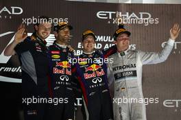 1st place Sebastian Vettel (GER) Red Bull Racing, 2nd place Mark Webber (AUS) Red Bull Racing and 3rd place Nico Rosberg (GER) Mercedes AMG F1 W04. 03.11.2013. Formula 1 World Championship, Rd 17, Abu Dhabi Grand Prix, Yas Marina Circuit, Abu Dhabi, Race Day.