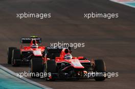 Jules Bianchi (FRA) Marussia F1 Team MR02 leads team mate Max Chilton (GBR) Marussia F1 Team MR02. 03.11.2013. Formula 1 World Championship, Rd 17, Abu Dhabi Grand Prix, Yas Marina Circuit, Abu Dhabi, Race Day.