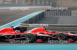 Max Chilton (GBR), Marussia F1 Team and Jules Bianchi (FRA), Marussia Formula One Team   03.11.2013. Formula 1 World Championship, Rd 17, Abu Dhabi Grand Prix, Yas Marina Circuit, Abu Dhabi, Race Day.
