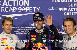 Sebastian Vettel (GER), Red Bull Racing, Mark Webber (AUS), Red Bull Racing and Nico Rosberg (GER), Mercedes GP  02.11.2013. Formula 1 World Championship, Rd 17, Abu Dhabi Grand Prix, Yas Marina Circuit, Abu Dhabi, Qualifying Day.