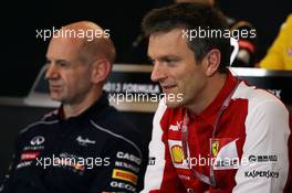 (L to R): Adrian Newey (GBR) Red Bull Racing Chief Technical Officer with James Allison (GBR) Ferrari Chassis Technical Director in the FIA Press Conference. 15.11.2013. Formula 1 World Championship, Rd 18, United States Grand Prix, Austin, Texas, USA, Practice Day.