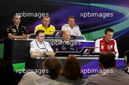The FIA Press Conference (from back row (L to R)): Nick Chester (GBR) Lotus F1 Team Technical Director; Rob White (GBR) Renault Sport Deputy Managing Director (Technical); Sam Michael (AUS) McLaren Sporting Director; Paddy Lowe (GBR) Mercedes AMG F1 Executive Director (Technical); Adrian Newey (GBR) Red Bull Racing Chief Technical Officer; James Allison (GBR) Ferrari Chassis Technical Director. 15.11.2013. Formula 1 World Championship, Rd 18, United States Grand Prix, Austin, Texas, USA, Practice Day.