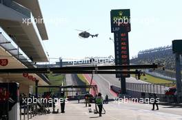 The Medical Helicopter arrives at the circuit allowing FP1 to recommence. 15.11.2013. Formula 1 World Championship, Rd 18, United States Grand Prix, Austin, Texas, USA, Practice Day.