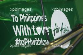 The Caterham CT03 carries a message of support to the victims of the Philippines typhoon. 15.11.2013. Formula 1 World Championship, Rd 18, United States Grand Prix, Austin, Texas, USA, Practice Day.