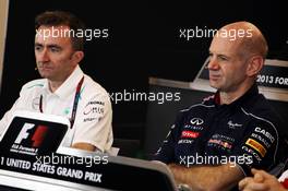 (L to R): Paddy Lowe (GBR) Mercedes AMG F1 Executive Director (Technical) with Adrian Newey (GBR) Red Bull Racing Chief Technical Officer in the FIA Press Conference. 15.11.2013. Formula 1 World Championship, Rd 18, United States Grand Prix, Austin, Texas, USA, Practice Day.