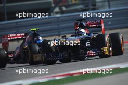 Daniil Kvyat (RUS) Scuderia Toro Rosso STR8 leads Daniel Ricciardo (AUS) Scuderia Toro Rosso STR8. 15.11.2013. Formula 1 World Championship, Rd 18, United States Grand Prix, Austin, Texas, USA, Practice Day.