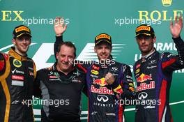 1st place Sebastian Vettel (GER) Red Bull Racing, 2nd place Romain Grosjean (FRA) Lotus F1 Team and 3rd place Mark Webber (AUS) Red Bull Racing. 17.11.2013. Formula 1 World Championship, Rd 18, United States Grand Prix, Austin, Texas, USA, Race Day.