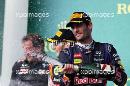 Mark Webber (AUS) Red Bull Racing celebrates his third position on the podium. 17.11.2013. Formula 1 World Championship, Rd 18, United States Grand Prix, Austin, Texas, USA, Race Day.