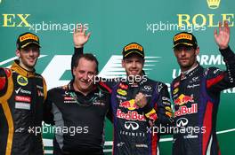 1st place Sebastian Vettel (GER) Red Bull Racing, 2nd place Romain Grosjean (FRA) Lotus F1 Team and 3rd place Mark Webber (AUS) Red Bull Racing. 17.11.2013. Formula 1 World Championship, Rd 18, United States Grand Prix, Austin, Texas, USA, Race Day.