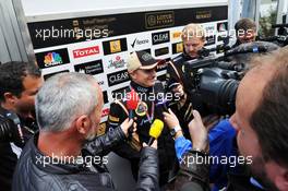 Heikki Kovalainen (FIN) Lotus F1 Team with the media. 14.11.2013. Formula 1 World Championship, Rd 18, United States Grand Prix, Austin, Texas, USA, Preparation Day.