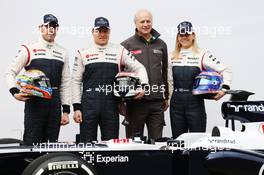 (L to R): Pastor Maldonado (VEN) Williams with team mate Valtteri Bottas (FIN) Williams; Jean-Michel Jalinier (FRA) Renault President, and Susie Wolff (GBR) Williams Development Driver. 19.02.2013. Williams FW35 Launch, Barcelona, Spain.