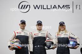 (L to R): Pastor Maldonado (VEN) Williams with team mate Valtteri Bottas (FIN) Williams and Susie Wolff (GBR) Williams Development Driver. 19.02.2013. Williams FW35 Launch, Barcelona, Spain.