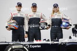 (L to R): Pastor Maldonado (VEN) Williams with team mate Valtteri Bottas (FIN) Williams and Susie Wolff (GBR) Williams Development Driver. 19.02.2013. Williams FW35 Launch, Barcelona, Spain.