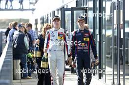 Alex Lynn (GBR) PREMA POWERTEAM Dallara F312 Mercedes and Daniil Kvyat (RUS) CARLIN Dallara F312 Volkswagen on their way to press conference 28.09.2013. FIA F3 European Championship 2013, Round 8, Race 1, Circuit Park Zandvoort, Netherlands