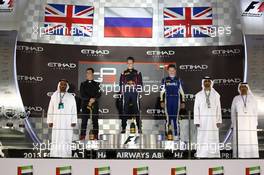 Race1 Podium, winner Daniil Kvyat (RUS) MW Arden, 2nd Alexander Sims (GBR) Carlin, 3rd Nick Yelloly (GBR) Carlin 02.11.2013. GP3 Series, Rd 8, Yas Marina Circuit, Abu Dhabi, UAE, Saturday.