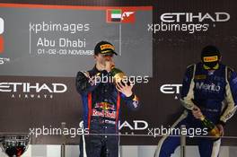 Race1 Podium, winner Daniil Kvyat (RUS) MW Arden, 2nd Alexander Sims (GBR) Carlin, 3rd Nick Yelloly (GBR) Carlin 02.11.2013. GP3 Series, Rd 8, Yas Marina Circuit, Abu Dhabi, UAE, Saturday.