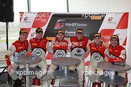 Press conference, Stephane Ortelli (MCO), Laurens Vanthoor (BEL), Audi R8 LMS Ultra, Belgian Audi Club Team, René Rast (GER), Niki Mayr-Melnhof (AUT), Audi R8 LMS Ultra, Belgian Audi Club Team, Frank Stippler (GER) Edward Sandstrom (SWE), Audi R8 LMS Ultra, Belgian Audi Club Team 29-01.03-04.2013. FIA GT Series, Nogaro, France.