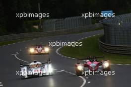 (L to R): Tom Kristensen (DEN) / Loic Duval (FRA) /  Allan McNish (GBR) Audi Sport Team Joest, Audi R18 e-tron quattro and Bertrand Baguette (BEL) /  Ricardo Gonzalez (MEX) / Martin Plowmann (GBR) Oak Racing, Morgan - Nissan. 22.06.2013. Le Mans 24 Hours Race, Le Mans, France, Saturday.