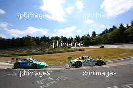 Peter Dumbreck, Martin Ragginger, Falken Motorsport, Porsche 911 GT3 R Michael Illbruck, Robert Renauer, Pinta Team Manthey, Porsche 911 GT3 R 20.07.2013. VLN ADAC Reinoldus-Langstreckenrennen, Round 5, Nurburgring, Germany.