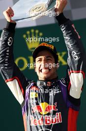 Daniel Ricciardo (AUS) Red Bull Racing celebrates his second position on the podium. 16.03.2014. Formula 1 World Championship, Rd 1, Australian Grand Prix, Albert Park, Melbourne, Australia, Race Day.